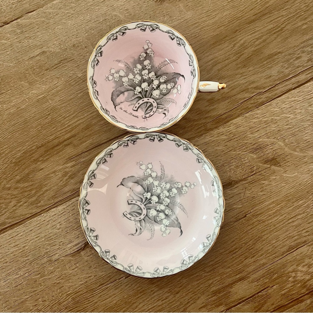 Vtg Paragon “ To The Bride “ Pink Lily of the Valley Flowers Teacup & Saucer Set